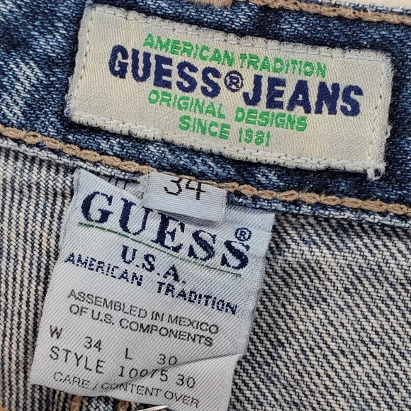 Vtg Guess Blue Jeans Men 34x29.5 Baggy Hi Rise Tapered Distressed USA 90s Grunge - Picture 3 of 15